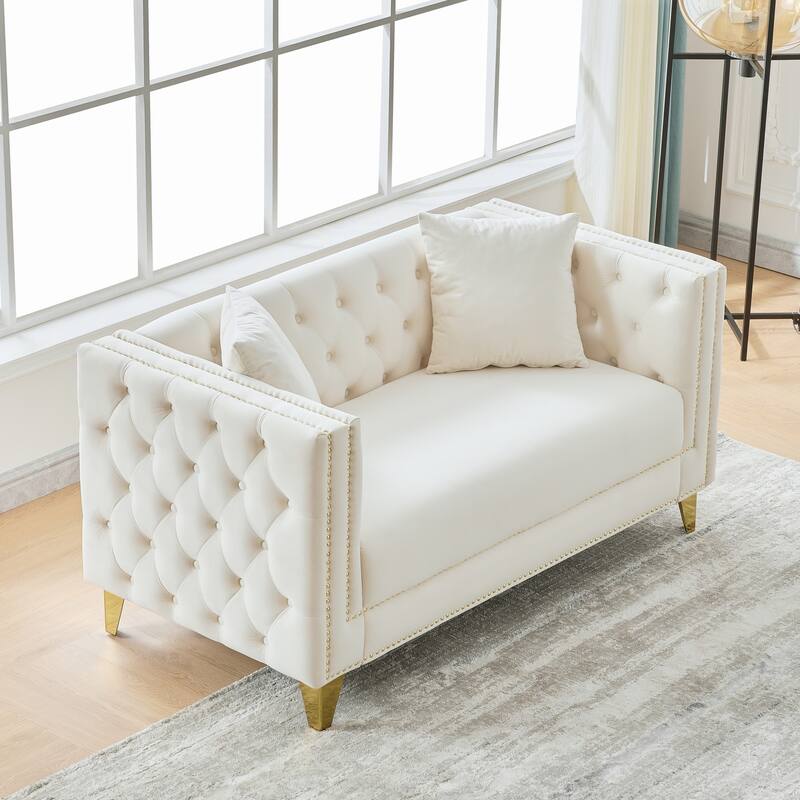 Roomfitters 58" Modern Tuxedo Loveseat with Buttoned Back and Gold Legs, Upholstered Couch with Double Nailhead Trim