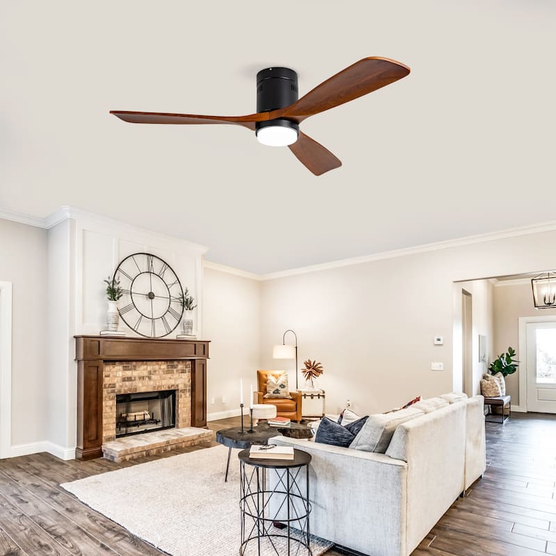 52 Inch Flush Mount Ceiling Fan with Lights and Remote Control, Wood Blades, Quiet DC Motor - Indoor/Outdoor - Black