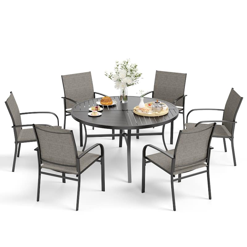 MAISON ARTS 7-Piece Patio Dining Set for 6, Large Round Dining Table with Umbrella Hole & Textilene Dining Chairs