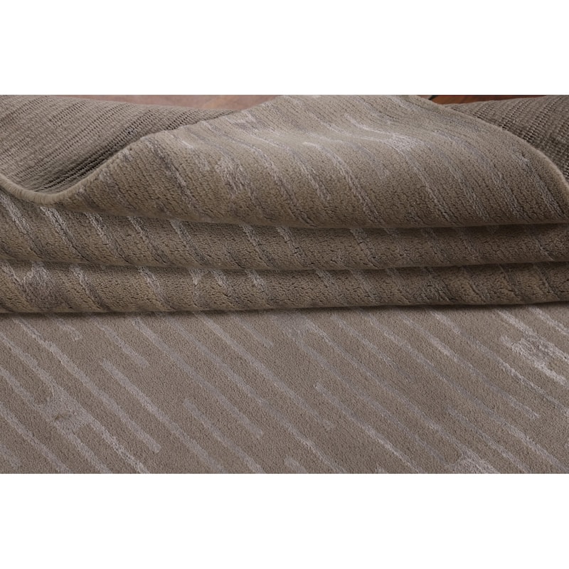 Beige Striped Nepalese Oriental Area Rug Hand-Knotted Wool Carpet - 5'10" x 8'8"