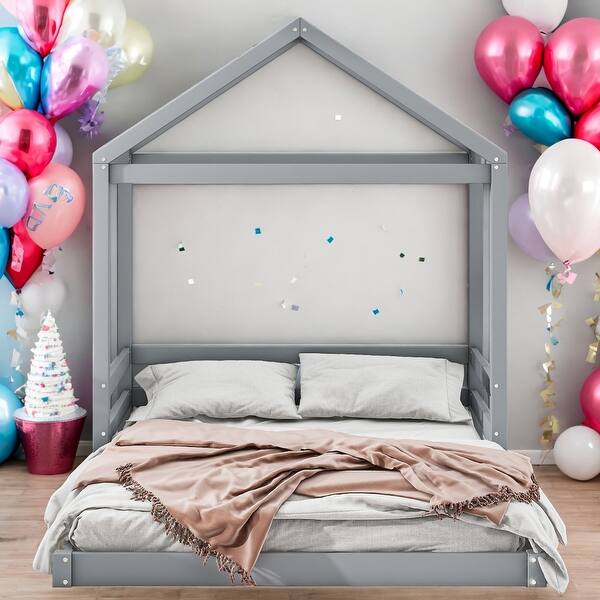 slide 2 of 16, Full Size Wood House Platform Bed With Guardrail,Sturdy Frame For Bedroom Grey