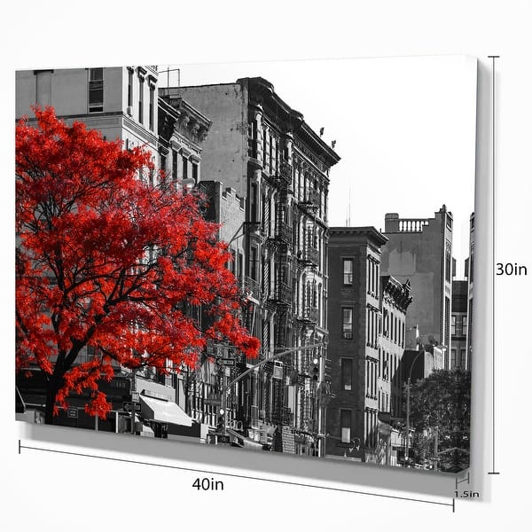 dimension image slide 2 of 4, Designart "Red Tree on Black and White New York City Street" Floral Cityscapes Photographic on wrapped Canvas - Grey
