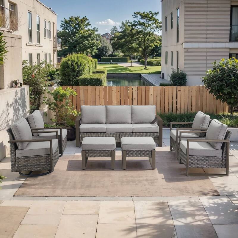 Pocassy Outdoor Sofa, Swivel Chair, Patio Chair Ottoman Set - 7 Pieces Sofa Chairs w/ Ottoman - Grey Wicker Gray Cushion