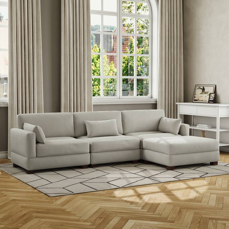 Corduroy Modular Sectional Sofa with Ottoman and Pillows - Sea Salt Grey-4 Piece