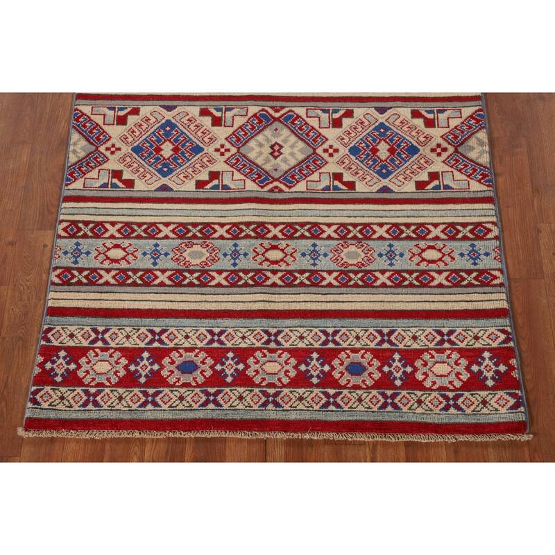 All-Over Geometric Kazak Oriental Accent Rug Hand-Knotted Wool Carpet - 3'5"x 4'10"