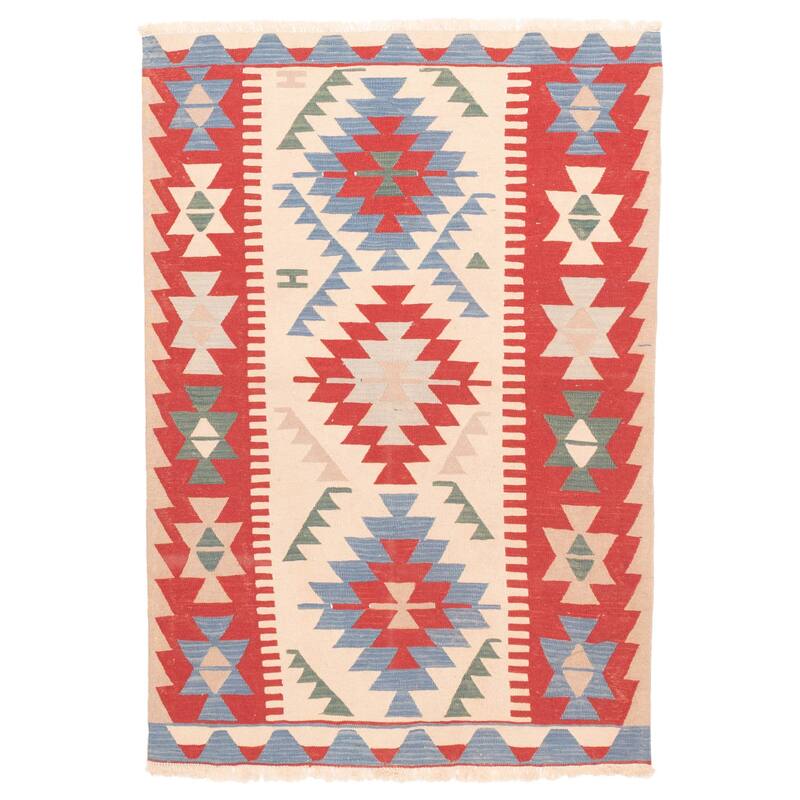 ECARPETGALLERY Flat-Weave Bold and Colorful Ivory Wool Kilim - 3'10 x 5'10