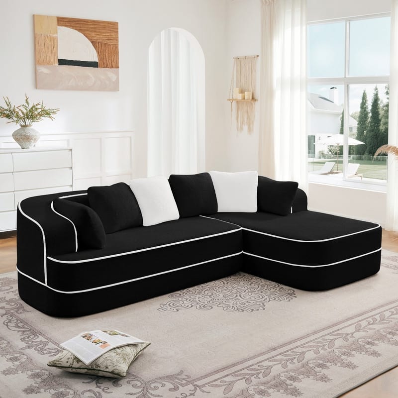Rossetta 106" Right-Facing Modular L-Shaped Chaise Contrast Color Sectional Teddy Fabric Boneless Sofa - Black