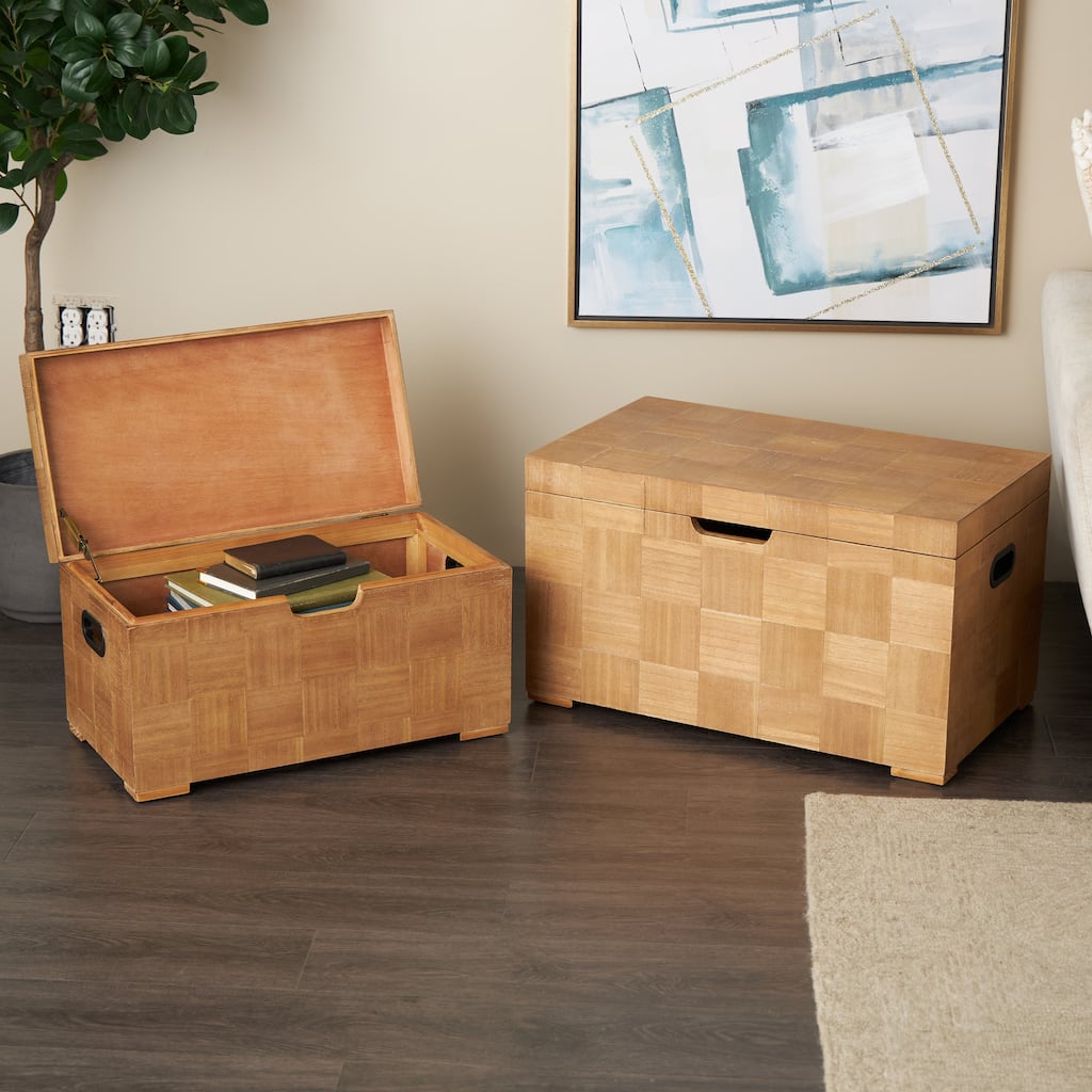 Brown Wood Handmade Decorative Trunk with Black Metal Accents and Square Patterns (Set of 2)