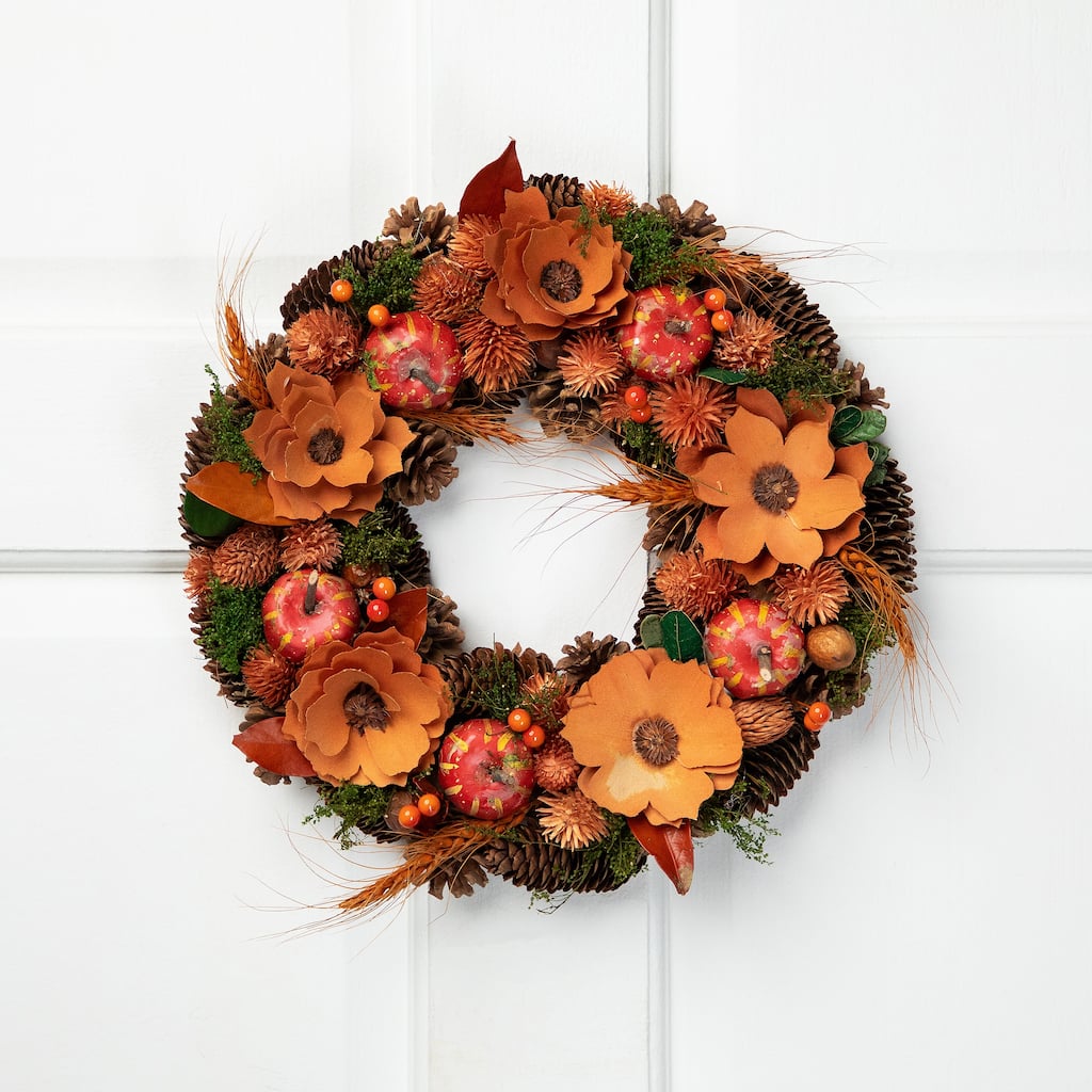 Autumn Harvest Orange Flowers Gourds Pine Cone Wreath 13.25 Inch Unlit