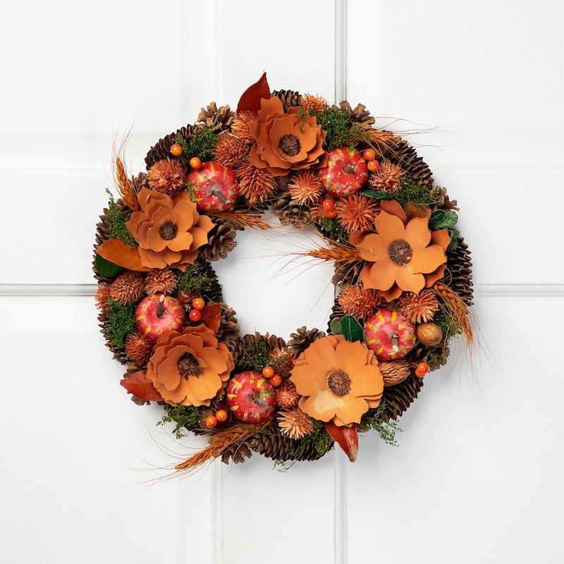 Autumn Harvest Orange Flowers Gourds Pine Cone Wreath 13.25 Inch Unlit