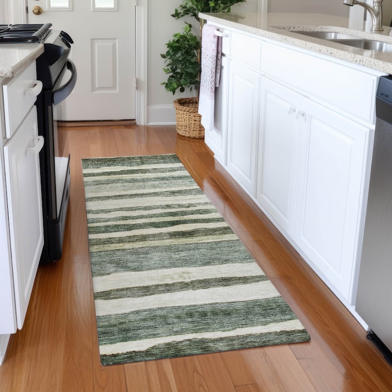 Machine Washable Indoor/ Outdoor Moroccan Stripe Chantille Rug - Sage - 2'3" x 7'6"