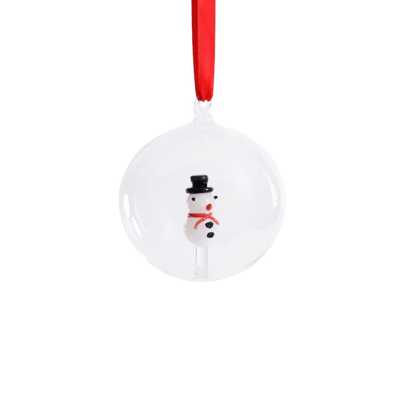 Clear Glass Ball Ornaments with Holiday Snowman Motif, Set of 6, 4"