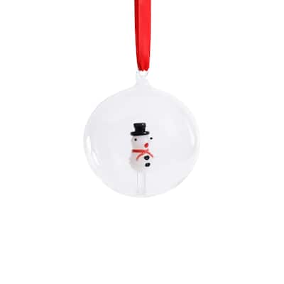 Clear Glass Ball Ornaments with Holiday Snowman Motif, Set of 6, 4"