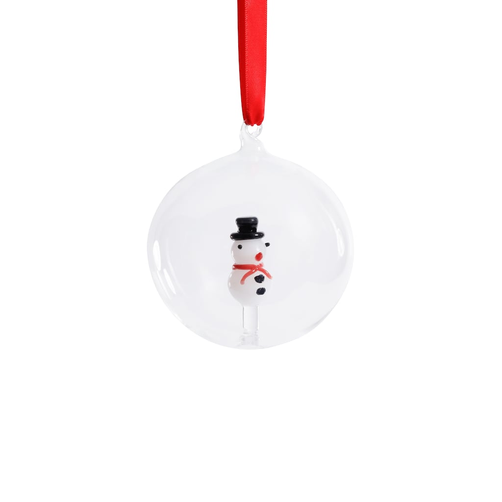 Clear Glass Ball Ornaments with Holiday Snowman Motif, Set of 6, 4"
