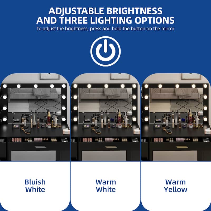 Moasis 40" Makeup Vanity with Mirror and Lighted ,Vanity Table with Power Outlet and 4 Drawers & Storage Shelves