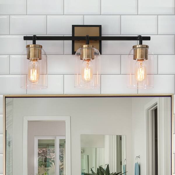 slide 2 of 7, Modern Farmhouse Black Gold 3-Light Bathroom Vanity Light Cylinder Glass Wall Sconces - L19.5" x W7.5" x H10"