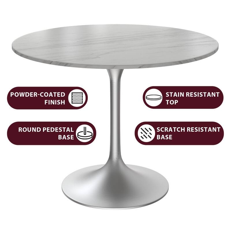 Verve 36" Round Dining Table with Stone Top and Brushed Chrome Base - 29.34" H x 35.43" W x 35.43" D