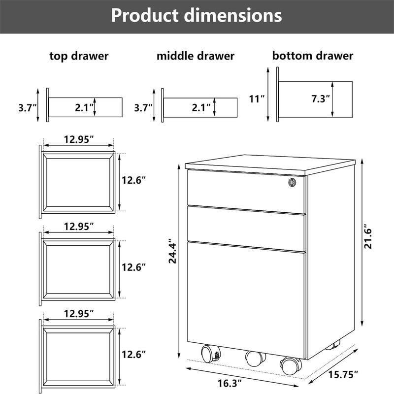 3 Drawers Wood Mobile File Cabinet - 15.7"D x 16.3"W x 24.4"H