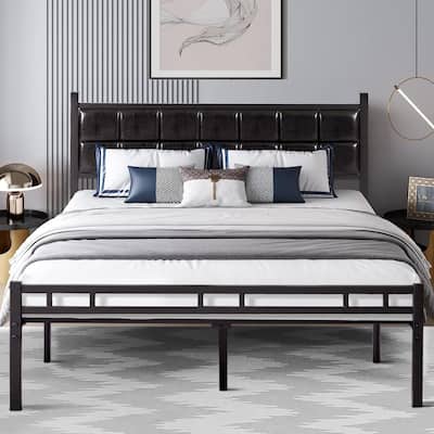 VECELO Faux Leather Tufted Bed, Metal Frame Bed Frame