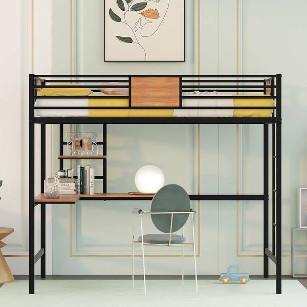 slide 2 of 26, Space-Saving Twin Size Loft Bed with Desk & Shelves Black