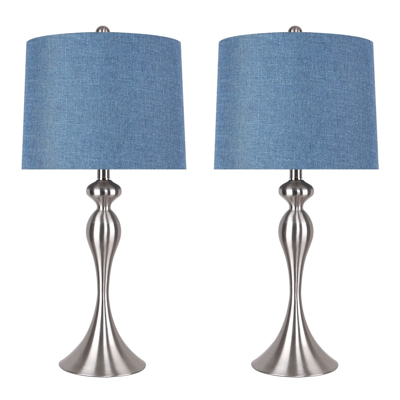 Ashland 27" Metal Table Lamp (Set of 2) - Brushed Nickel/Blue Textured Linen