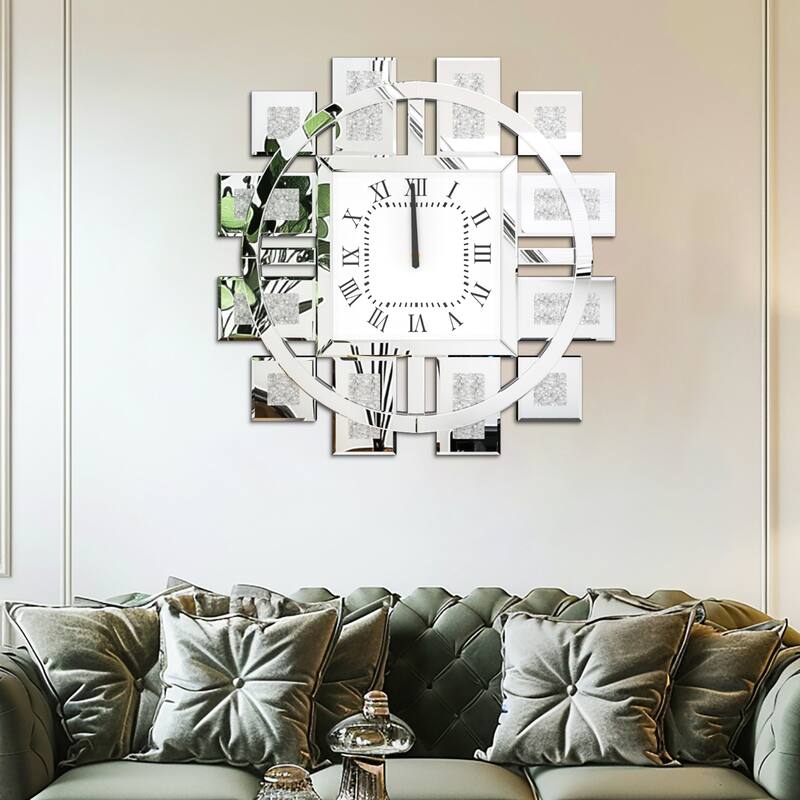 Gold/Silver Irregular Luxury Mirrored Wall Clock w/Crushed Diamond Inlay - 23.62x23.62 inch