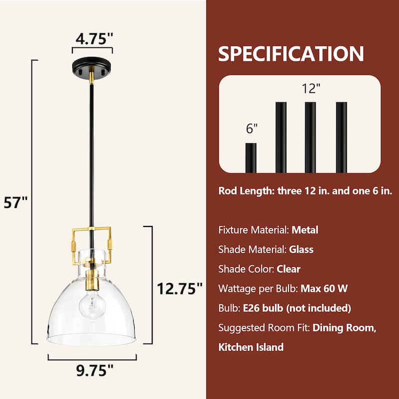 Black and Antique Gold 1-Light 10 Inch Bowl Glass Pendant