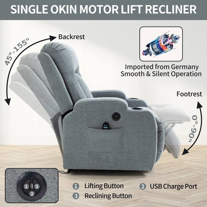 Grey Power Lift Recliner with Massage, Heat & Cup Holders