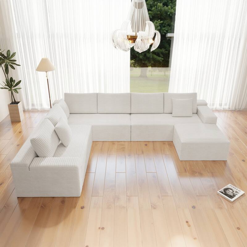 Roomfitters 137.8" Modular Sectional Sofa, 4-Piece Compressed Cloud Couch, No Assembly Required, Plush Corduroy, White