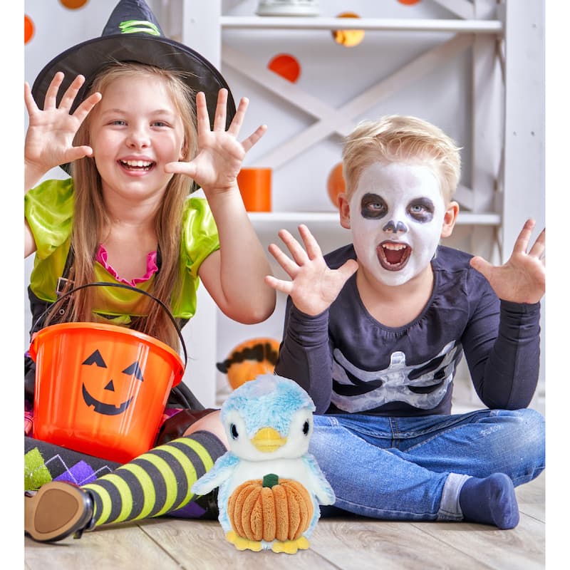 DolliBu Sparkling Eyes Blue Penguin Stuffed Animal with Pumpkin Decor - 6 inches