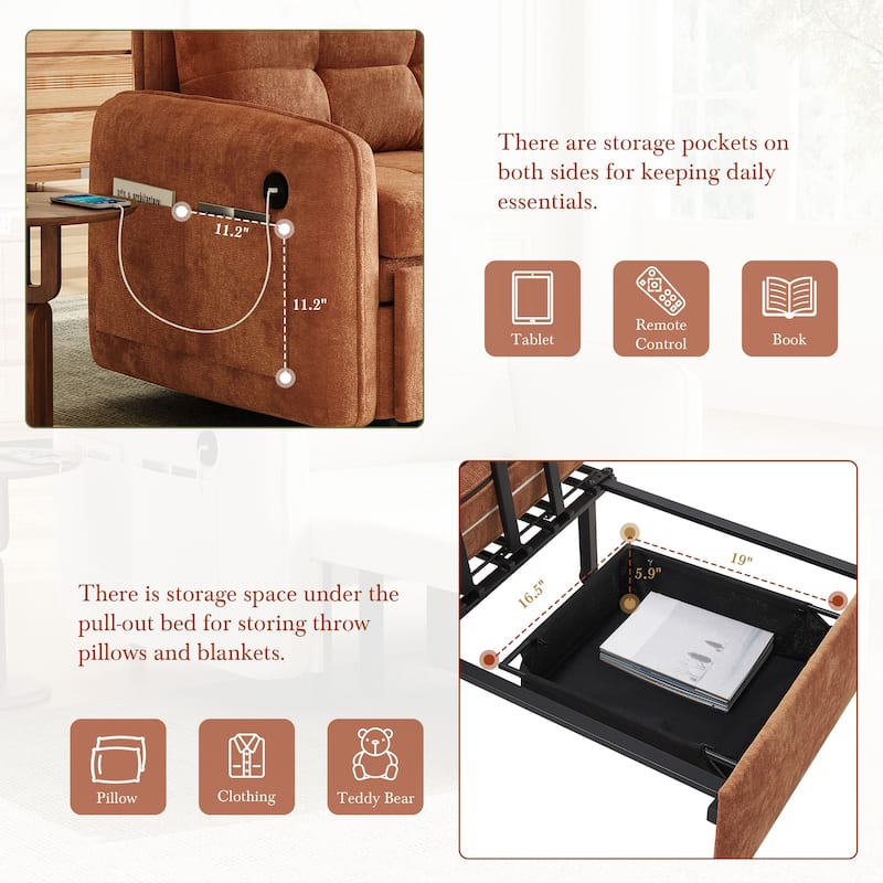 3-in-1 Chenille Accent Chair Convertible Sleeper Sofa Bed, 80" Extra Long Pull-out Chair Bed with USB and Type-C Ports