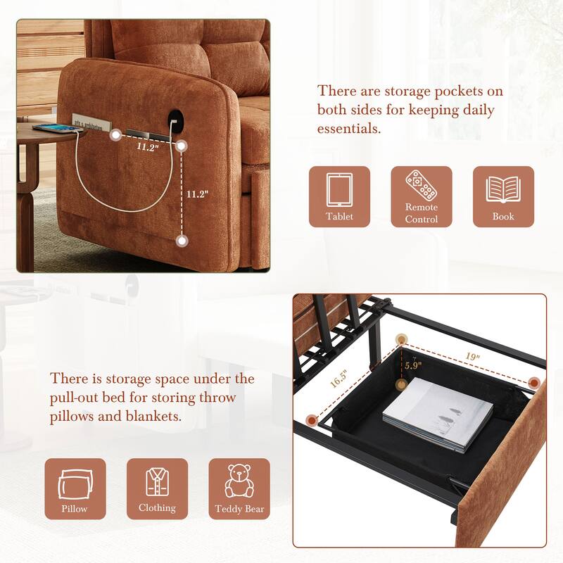 Roomfitters 3-in-1 Sleeper Chair Bed, 80'' Pull Out Lounge with USB Charging, Storage Pockets, Chenille