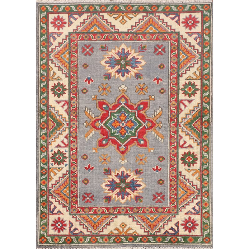Geometric Kazak Rug Handmade Foyer Wool Carpet - 2'9" x 4'0"