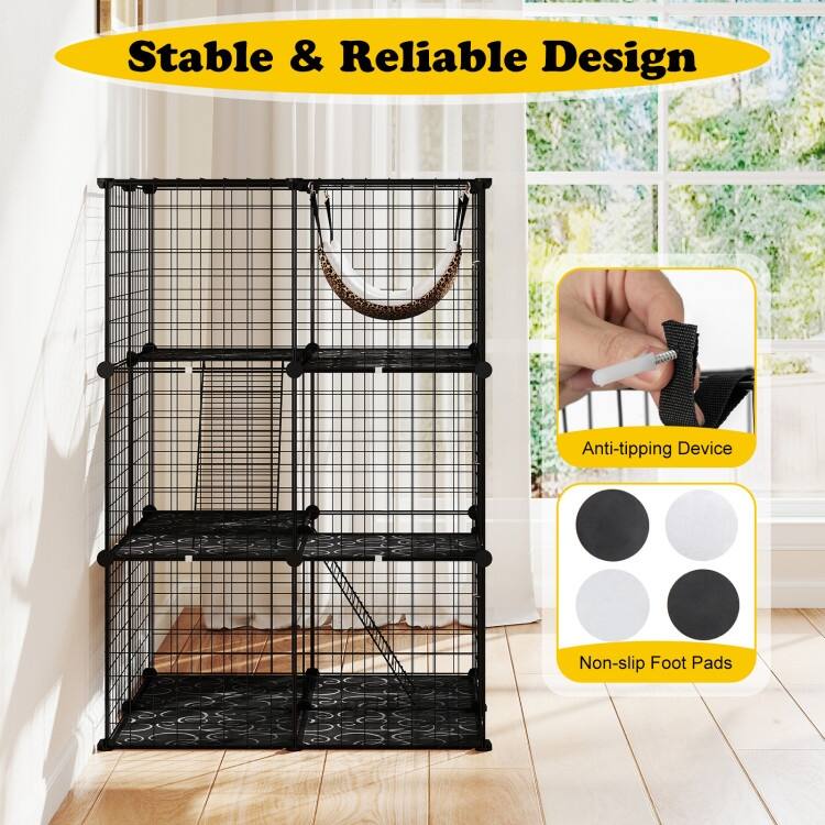 Black PP Metal 3-Tier Cat Cage with DIY Assembly, Hammock and Multi-Platform Playpen