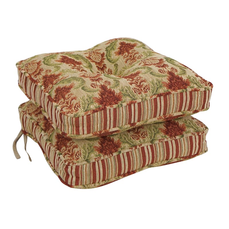 17-inch Floral Tapestry Square Tufted Corded Dining Chair Cushions (Set of 2, 4, or 6) - 17 x 17 - Set of 2 - Red/Beige
