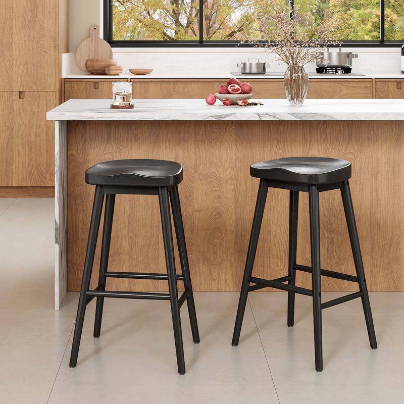 30.3" Solid Wood Bar Stools, Set of 2, Backless Saddle Seat Counter Stools with Footrests, Mid-Century Modern Bar Chairs