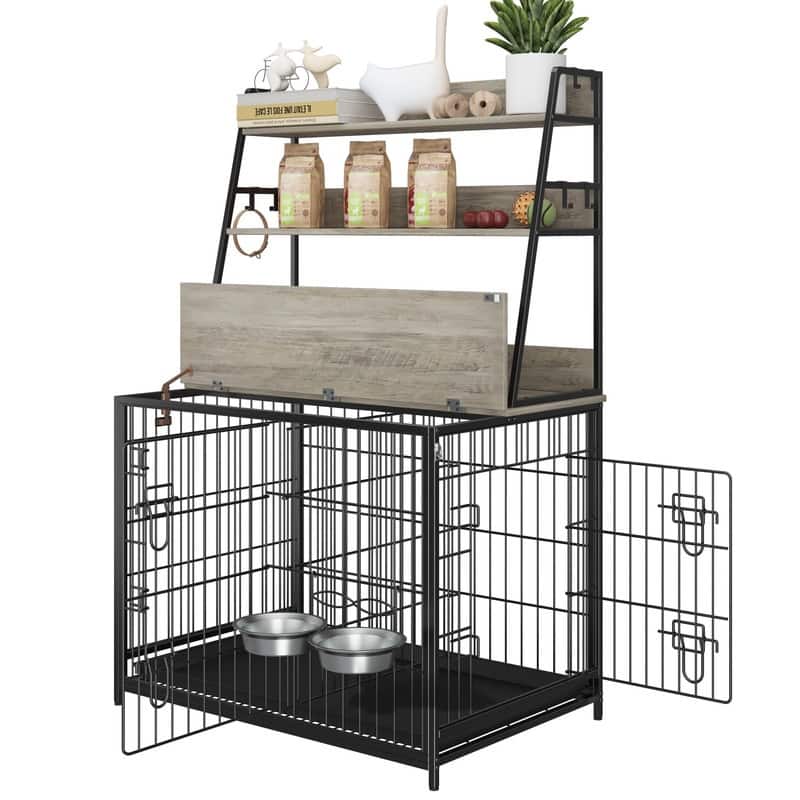 37.4 in Wooden Dog Crate Furniture FlipTop Kennel with 3 Storage Shelves and Bowls - Grey