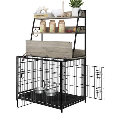 37.4 in Wooden Dog Crate Furniture FlipTop Kennel with 3 Storage Shelves and Bowls