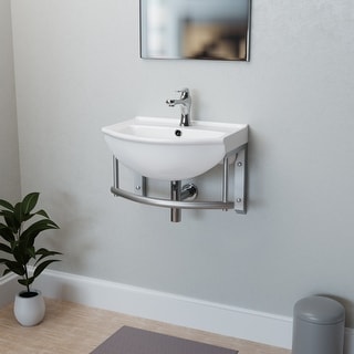 White Porcelain Wall Mounted Bathroom Sink with Faucet, Drain, Towel Bar and Overflow