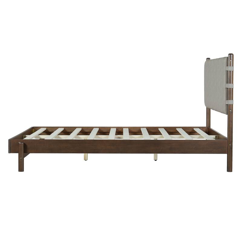 Low-Profile Platform Bed Frame with Upholstered Panel Headboard Wood Slat Supports and Center Support Legs for Bedroom Apartment