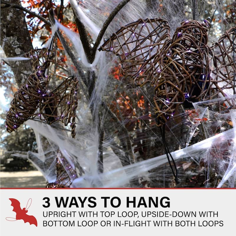 Haunted Hill Farm Set of 3 Battery-Operated Rattan Bats with Hanging Loops, Purple Lights, and Timer
