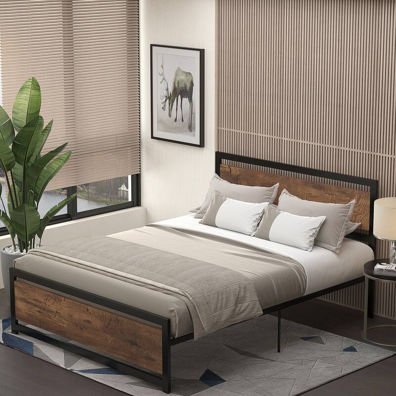 Queen Size Metal Platform Bed with Strong Slats, Headboard, and Footboard