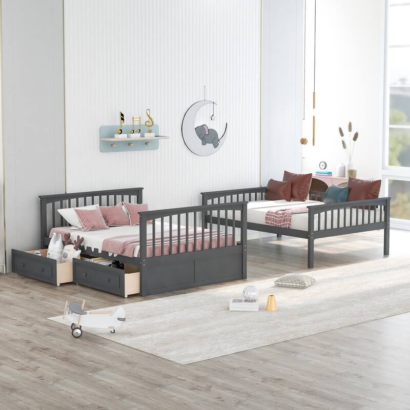 Twin over Twin Bunk Bed with Drawers, Convertible Beds