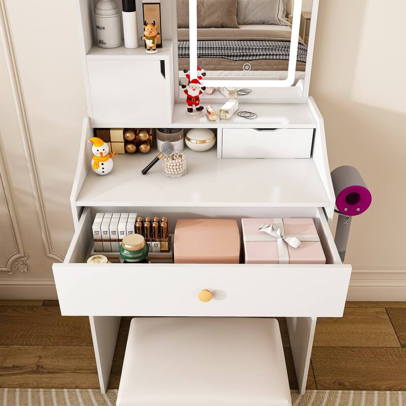 3-Color LED Vanity Mirror with Stool, Pink Dressing Table for Bedroom, 2 Drawers & 5 Storage Cabinets (4 Open + 1 Hidden)