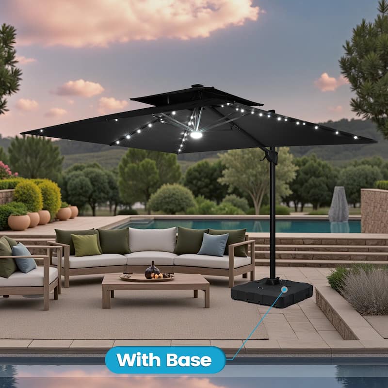 11 ft Outdoor Aluminum Dual Top Solar Powered LED Lighted Patio Cantilever Umbrella and Weighted Base