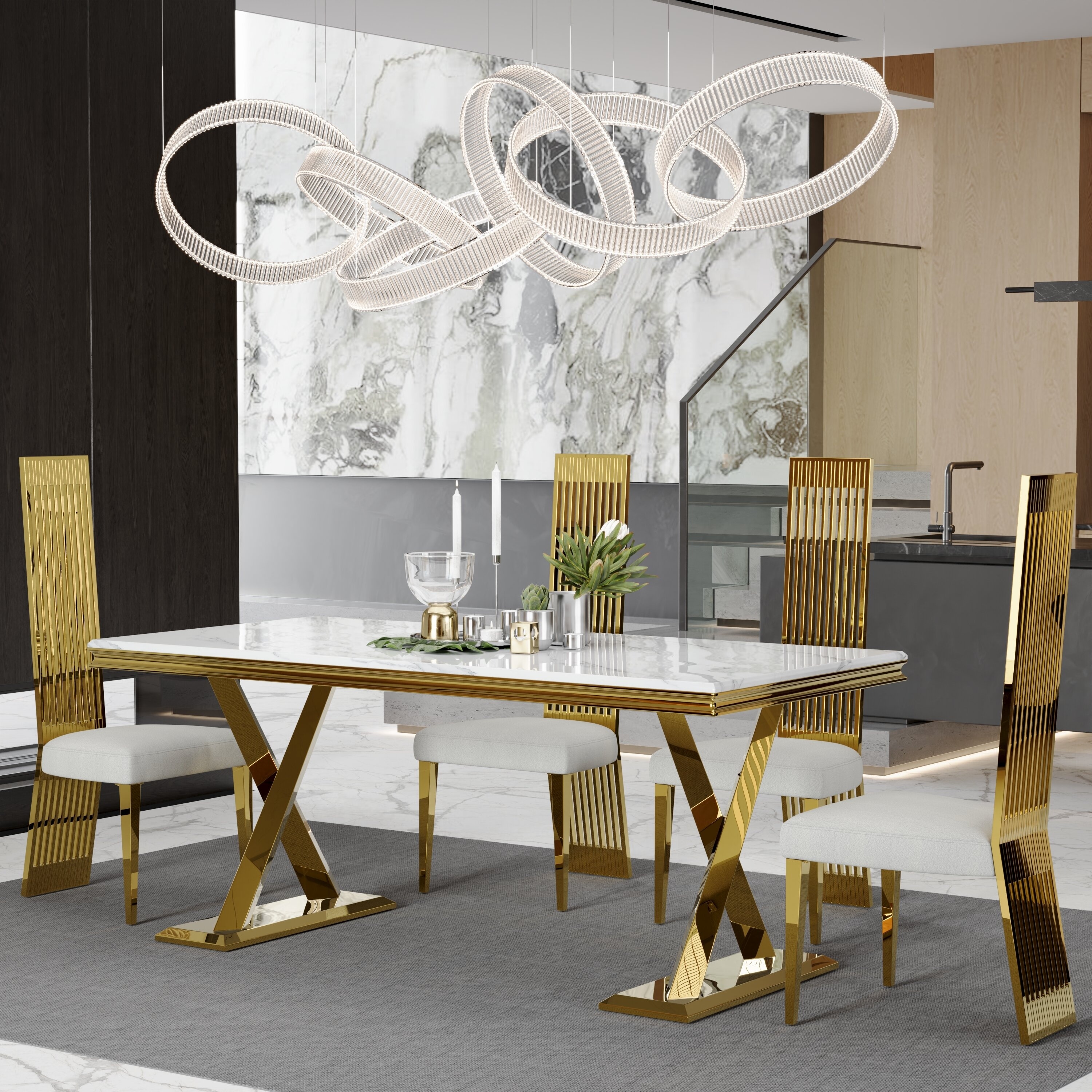 Luxury White Faux Marble Dining Table Set with Cross Base and White Boucle High Back Chairs