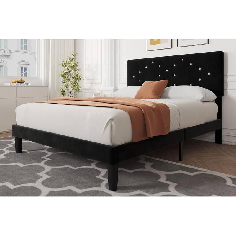 Bed Frames with Button Tufted Headboard, Linen Upholstered Platform Bed with Wooden Slats Support - Black - Queen