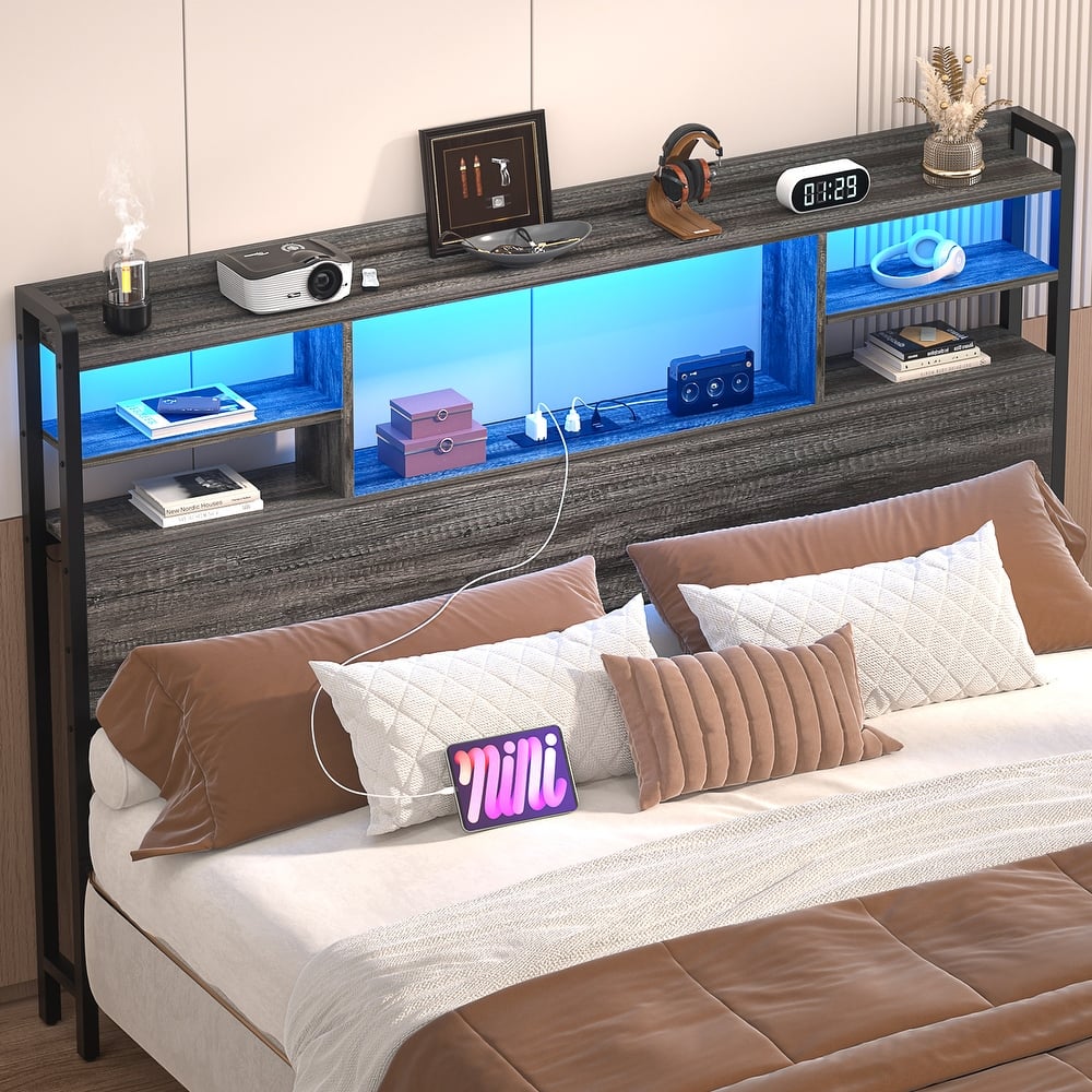 Storage Headboard with USB Port and Power Outlet, Head Board with LED Light for Bed Frame