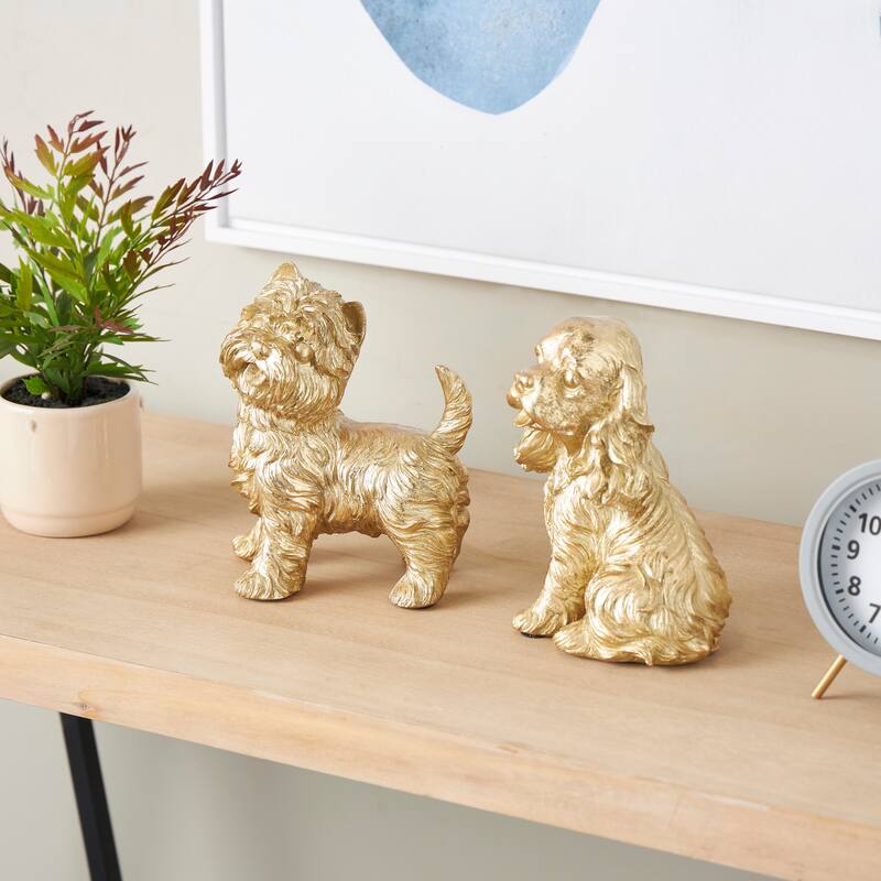 Gold Polystone Sitting and Standing Dog Decorative Sculpture (Set of 2) - Gold