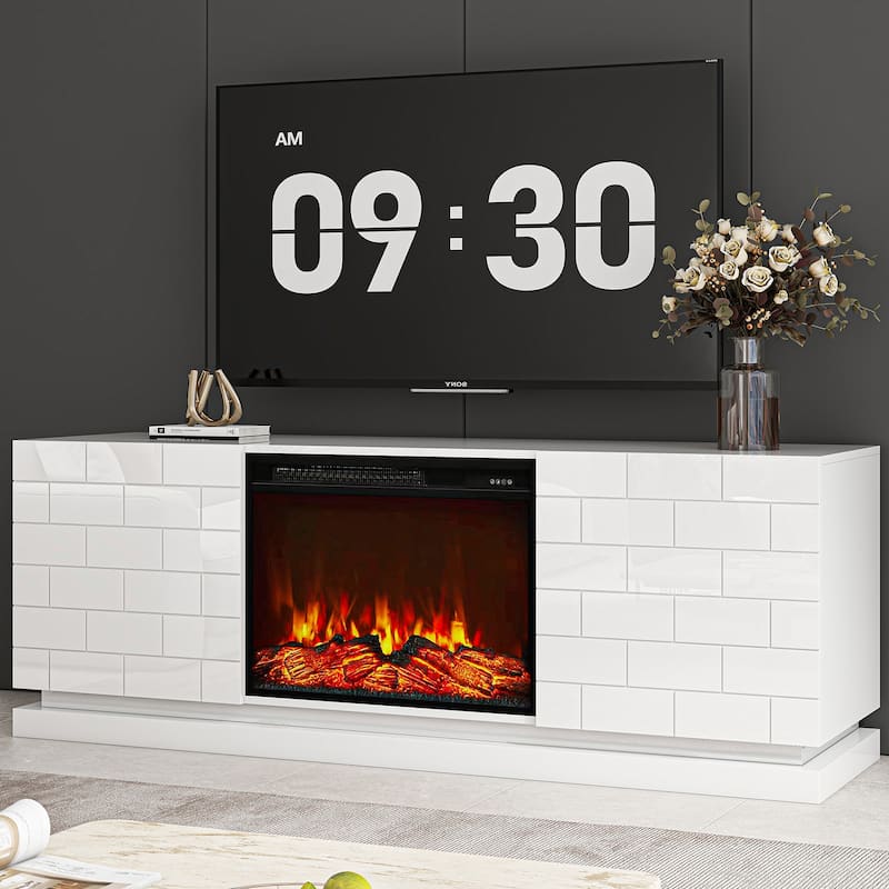 Electric Fireplace 63" TV Stand - Modern Highgloss Media Console - White